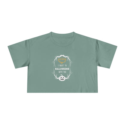 Officially Licensed Halloweenie White Script Crop Tee