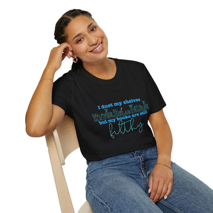 I Dust My Shelves (Blue Script) Cotton T-Shirt
