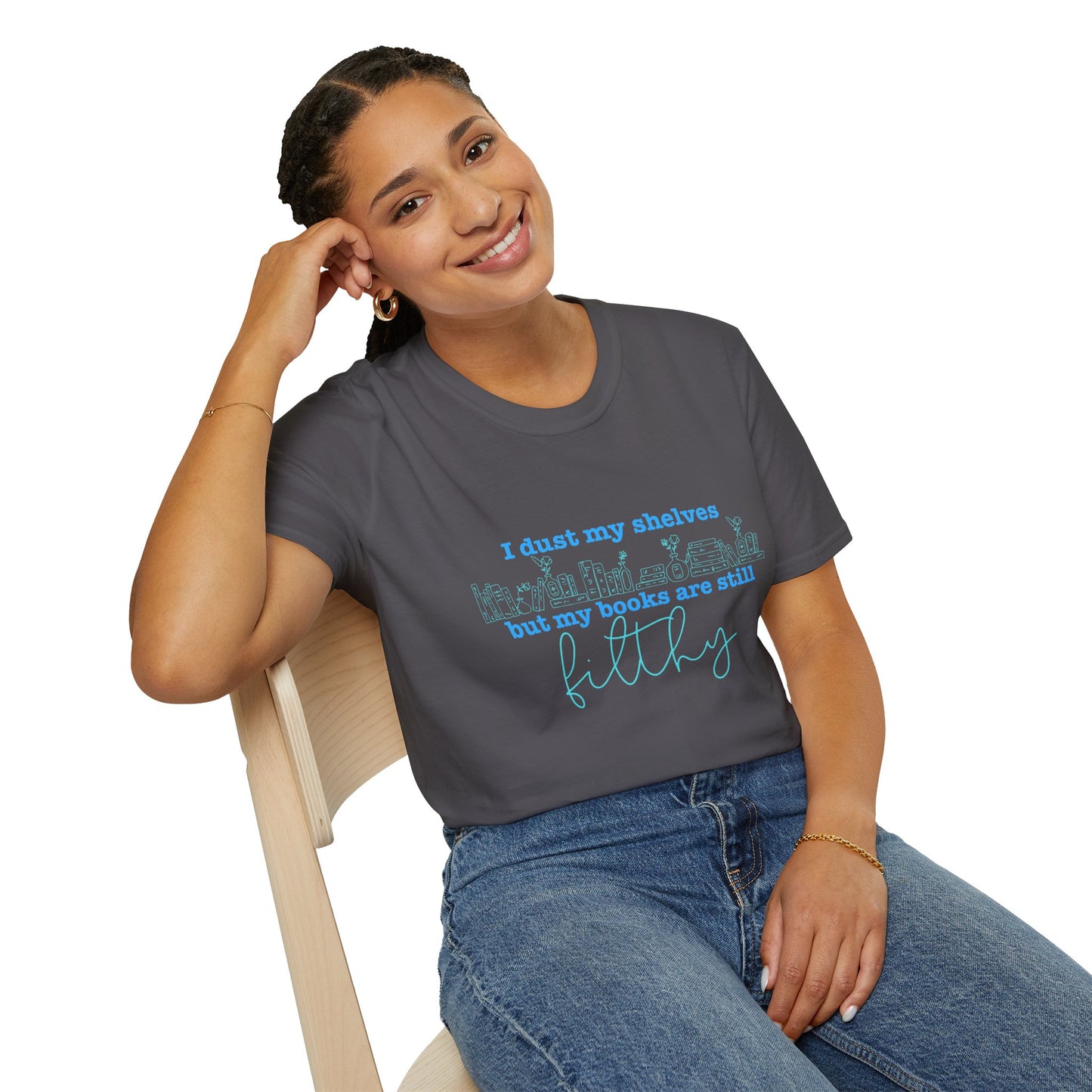 I Dust My Shelves (Blue Script) Cotton T-Shirt