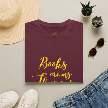 Books Are My Therapy (yellow script) cotton T-Shirt