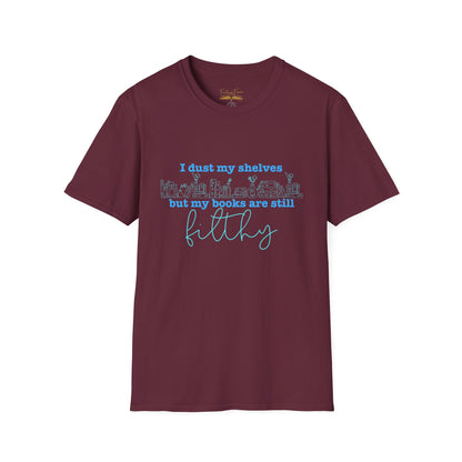 I Dust My Shelves (Blue Script) Cotton T-Shirt