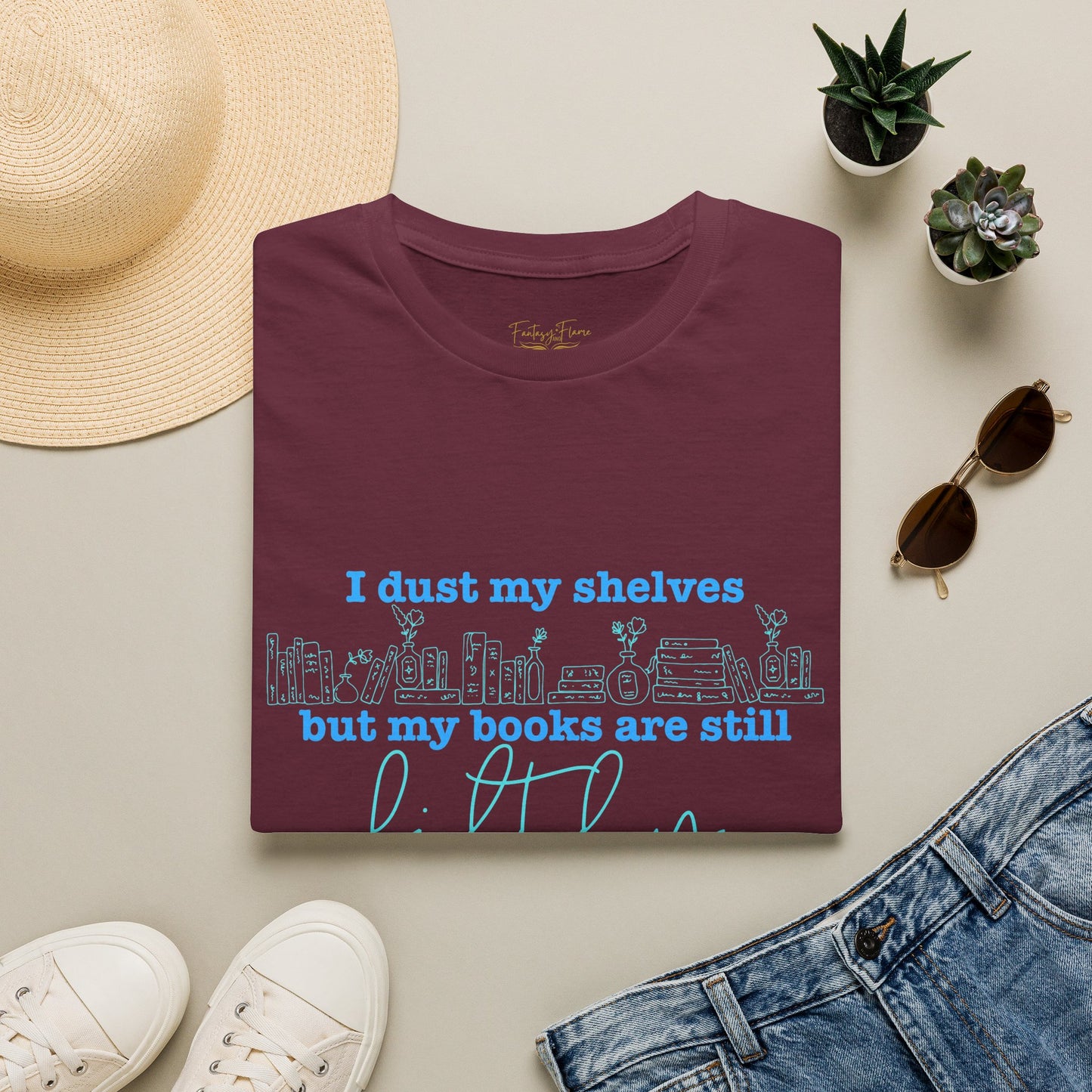 I Dust My Shelves (Blue Script) Cotton T-Shirt