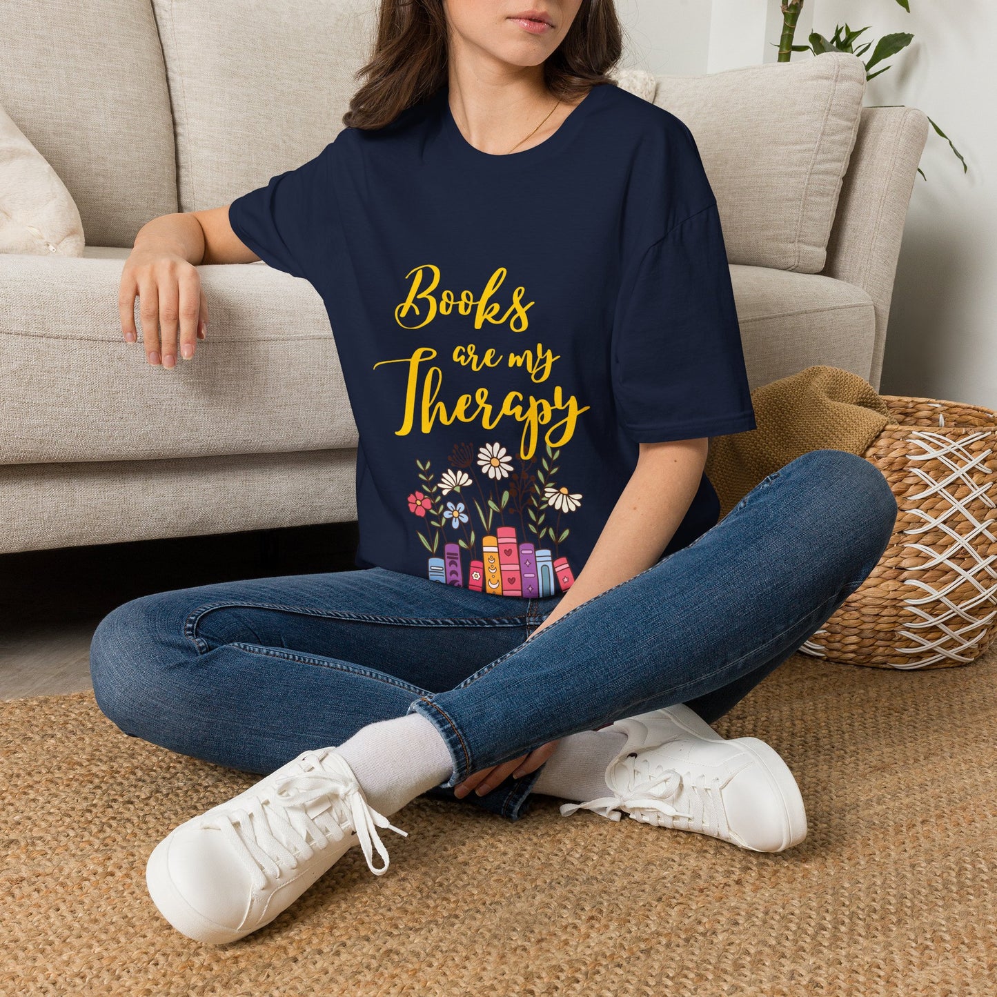 Books Are My Therapy (yellow script) cotton T-Shirt