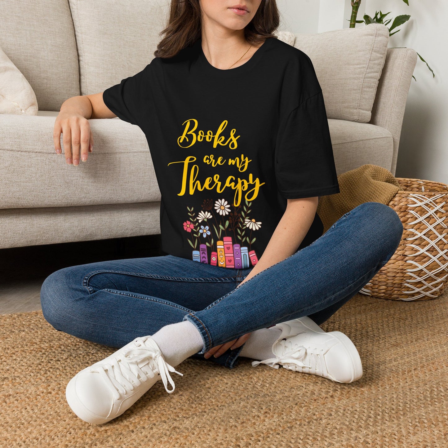 Books Are My Therapy (yellow script) cotton T-Shirt