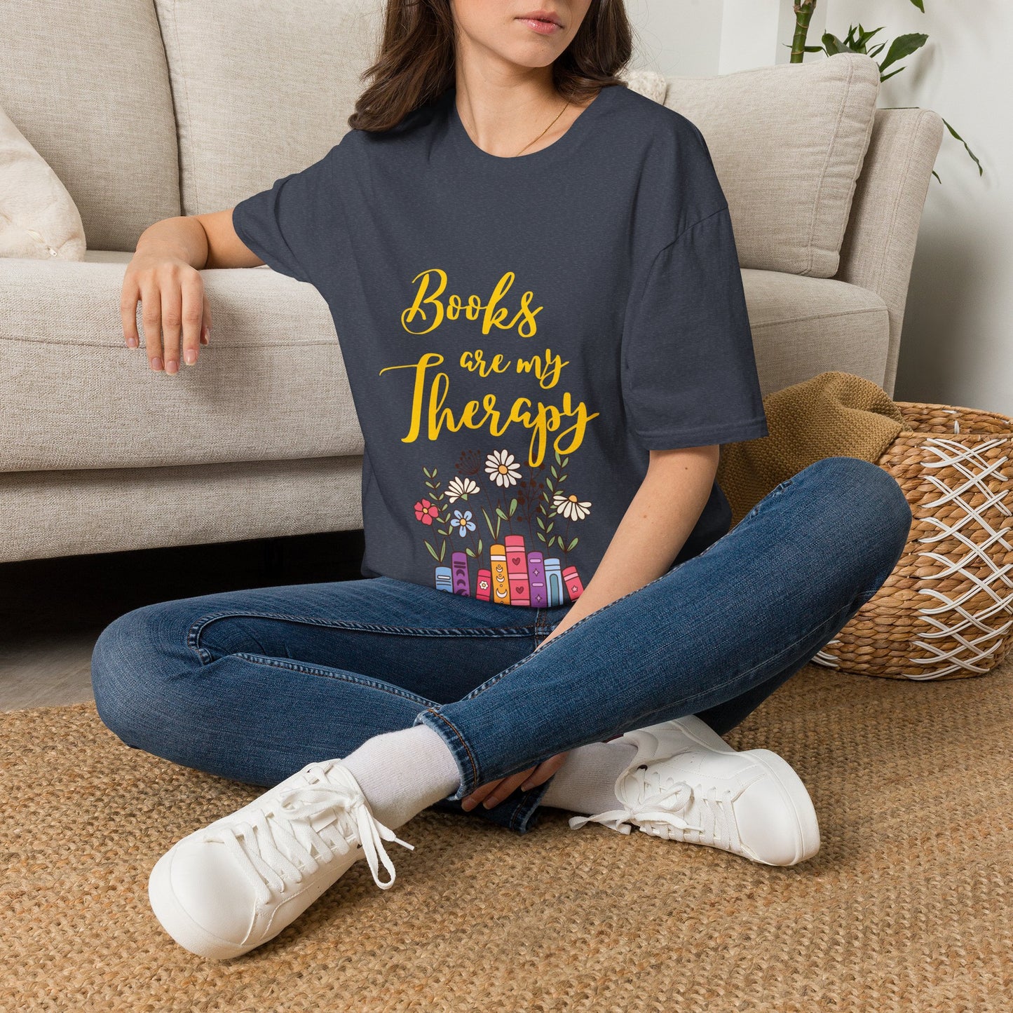 Books Are My Therapy (yellow script) cotton T-Shirt