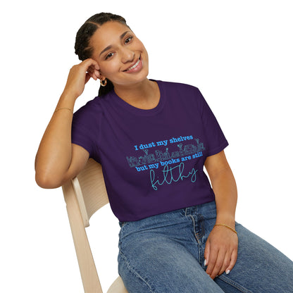 I Dust My Shelves (Blue Script) Cotton T-Shirt