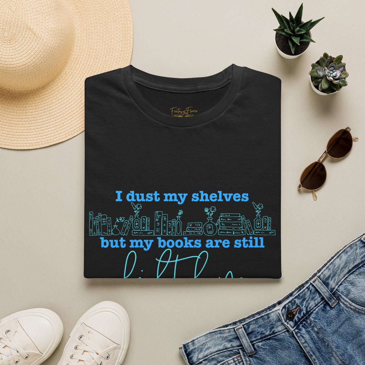 I Dust My Shelves (Blue Script) Cotton T-Shirt