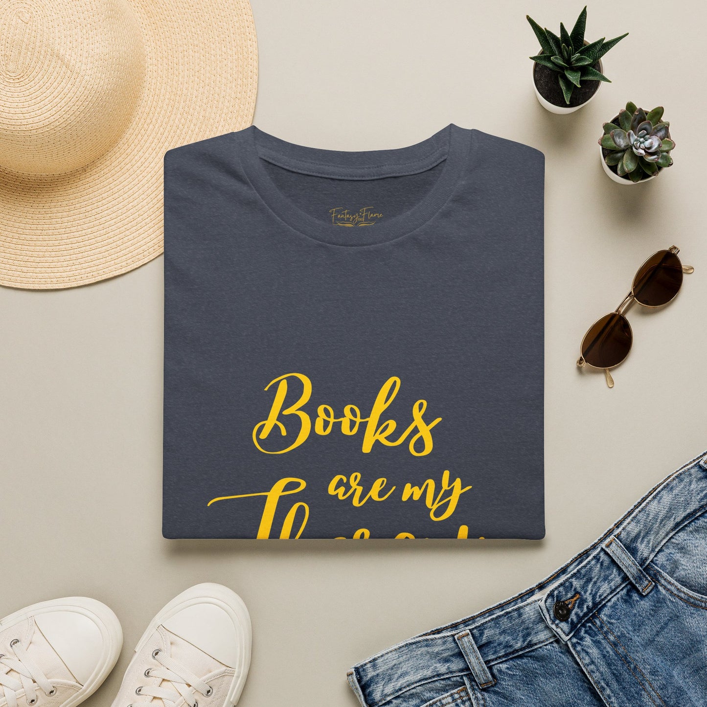 Books Are My Therapy (yellow script) cotton T-Shirt