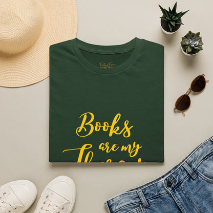 Books Are My Therapy (yellow script) cotton T-Shirt