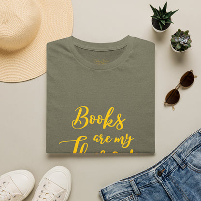 Books Are My Therapy (yellow script) cotton T-Shirt