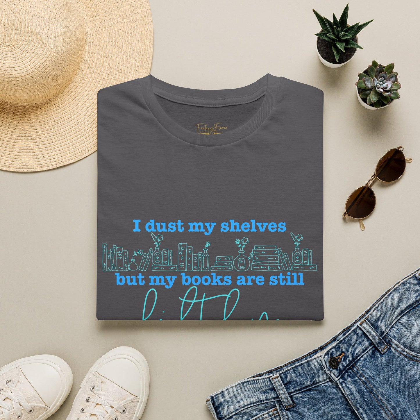 I Dust My Shelves (Blue Script) Cotton T-Shirt