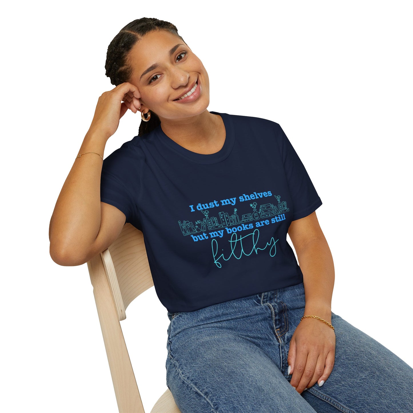 I Dust My Shelves (Blue Script) Cotton T-Shirt