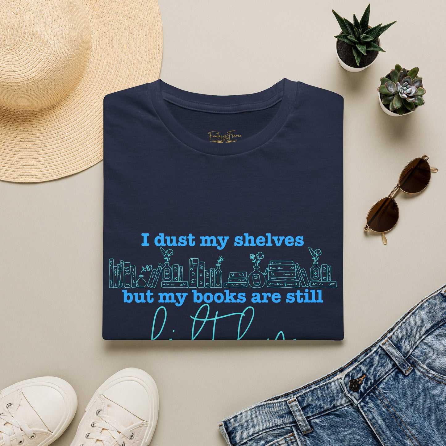 I Dust My Shelves (Blue Script) Cotton T-Shirt
