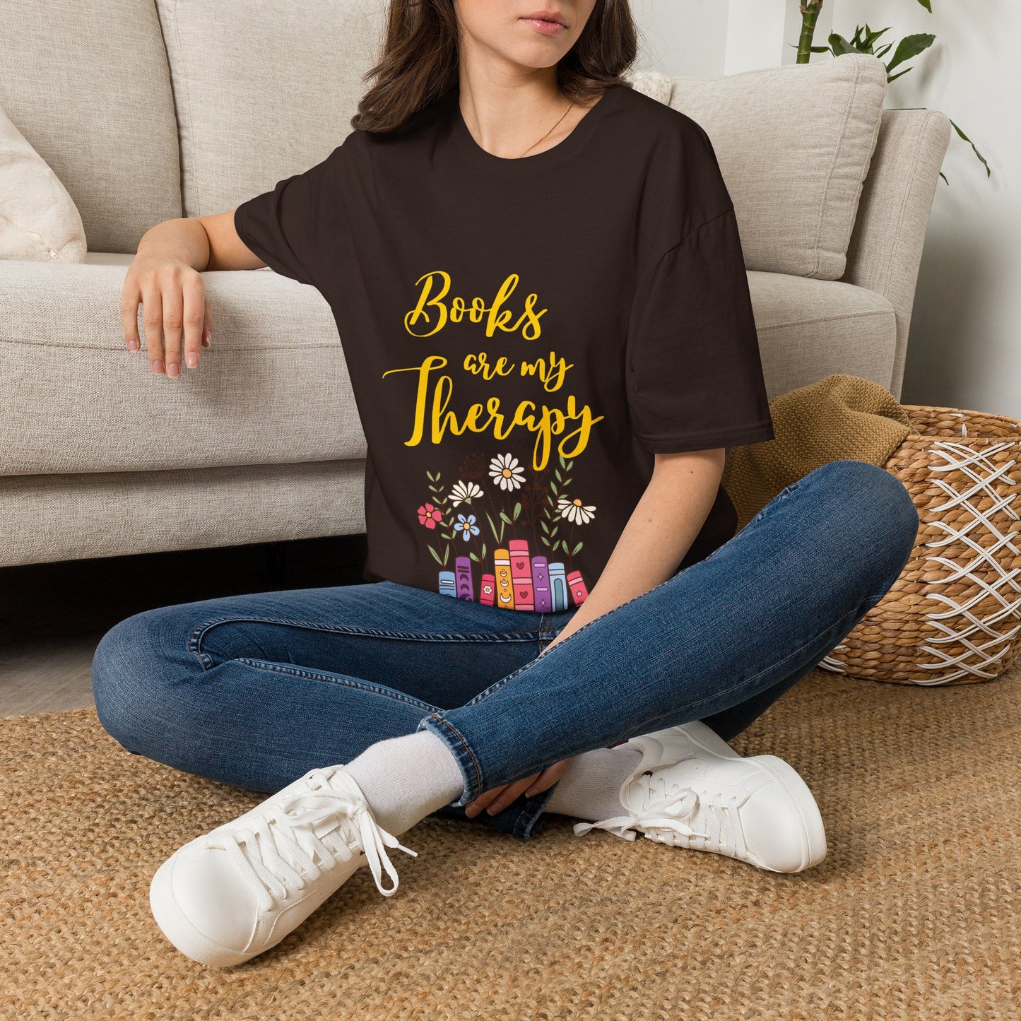 Books Are My Therapy (yellow script) cotton T-Shirt
