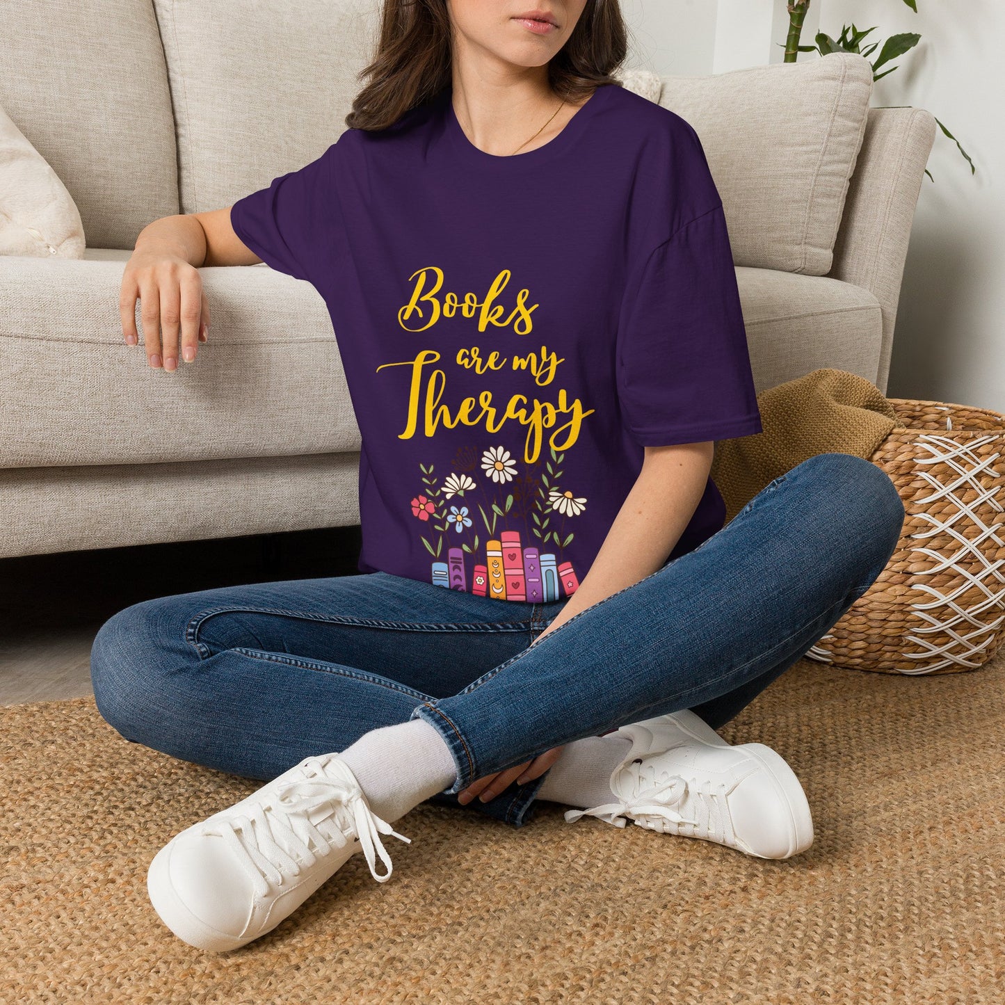 Books Are My Therapy (yellow script) cotton T-Shirt