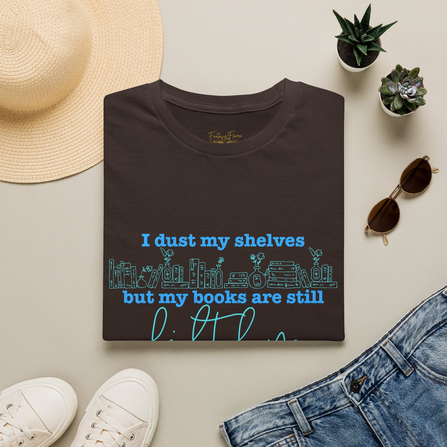 I Dust My Shelves (Blue Script) Cotton T-Shirt